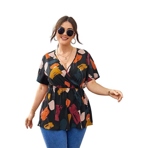 NEW Romwe Womens Plus Size Polka Dots Knot Front Deep V Neck Short Sleeve Blouse - Picture 1 of 4